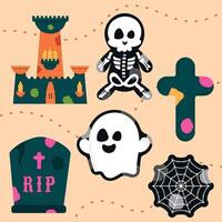 Halloween pattern with ghosts, skeletons, and haunted castles vector