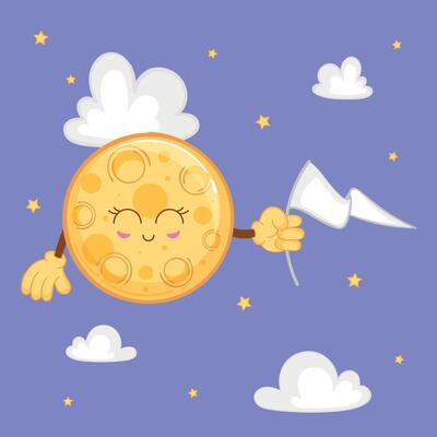 Happy moon holding a white flag under starry sky, illustration