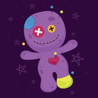 Purple voodoo doll with button eyes and stitched heart, vector