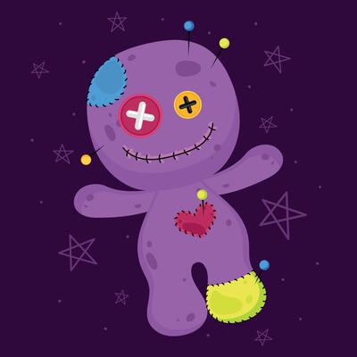 Purple voodoo doll with button eyes and stitched heart,