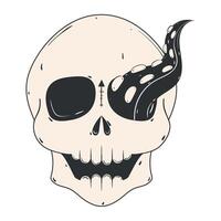Skull with tentacle coming out of eye socket, black and white, vector