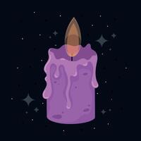 Purple candle with wax drips on a dark starry background, vector