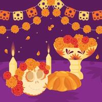 Dia de los Muertos altar with marigolds and sugar skulls vector