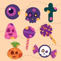 Halloween pattern with skulls, candy, and creepy eyeballs vector