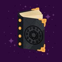 Black spellbook with moon phases and pentagram on dark background, vector