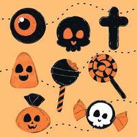 Halloween pattern with skulls, candy, and creepy eyeballs vector