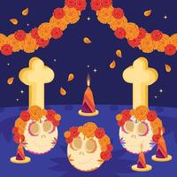 Dia de los Muertos altar with candles and sugar skulls vector