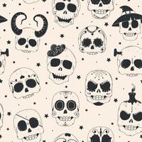 Halloween skull pattern with spooky and decorative designs, vector