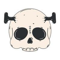 Skull with nails in head illustration in black and white, vector