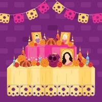 Dia de los Muertos altar with colorful decorations and skulls vector