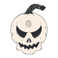 Pumpkin skull with spiral stem in black and white, vector