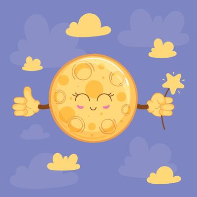 Moon character with magic wand under starry sky, illustration
