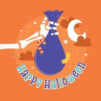 Halloween candy bag with bones and Happy Halloween text, vector