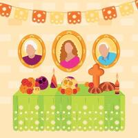 Dia de los Muertos offering with marigolds, skull, and candles vector