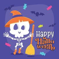 Skeleton witch with broom and Happy Halloween text, vector
