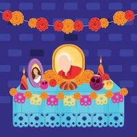 Dia de los Muertos altar with portraits and candles vector