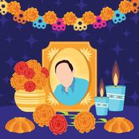 Dia de los Muertos altar with marigolds and colorful candles vector