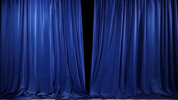 A pair of elegant blue curtains hangs luxuriously, framing the stage, while soft lights create an inviting atmosphere for the upcoming performance. video