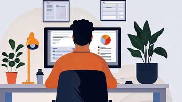A person is focused on a computer in a well-organized workspace, surrounded by plants and charts, enhancing productivity and comfort during a work session. video