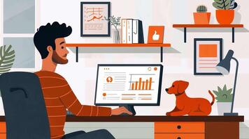 A person sits at a desk, engaged with a computer displaying colorful graphs and data. A dog sits nearby, adding warmth to the modern home office filled with plants. video