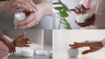 A person is seen applying cream from a jar, showcasing a focus on skincare. Hands are gently moisturizing, while a serene indoor environment enhances the self-care experience. video