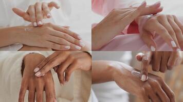 In a serene spa environment, multiple pairs of hands are shown receiving moisturizing treatments. The focus highlights both delicate and textured skin, emphasizing self-care. video