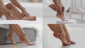 Hands gently apply lotion to feet and ankles in a bright room. The person focuses on skin care, taking time to pamper and hydrate tired feet in a relaxing morning routine. video