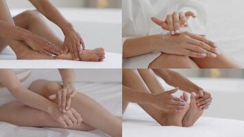 A person is seen applying moisturizer to their feet and hands while seated comfortably. The serene setting emphasizes relaxation and personal care, enhancing the spa experience. video