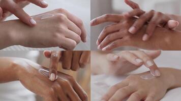 A close-up of various hands applying lotion to maintain healthy skin during a skincare routine. This activity takes place in a cozy indoor setting focused on self-care. video