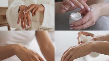 A person applies lotion to their hands in a cozy indoor setting, showcasing a personal skin care routine. The focus is on hydration and self-care in a calm environment. video