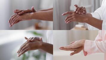 Hands of various skin tones are gently touching and interacting in a calm indoor space, illustrating diversity and unity during a peaceful moment. video