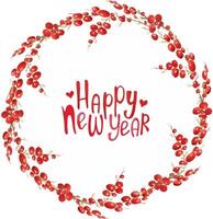 watercolor round wreath with red berries and the words Happy New Year red cranberries vector