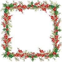 Square Christmas wreath with branches, holly, cranberries green and red vector