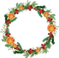 watercolor round wreath with fir branches, red berries and orange. Christmas wreath. vector