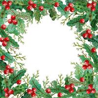 Christmas watercolor floral square frame with pine branches ate holly and berries red and green vector
