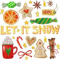 set of watercolor new year elements lettering let it snow retro lollipop, candy, cocoa mug, cookies vector
