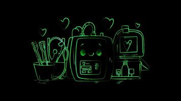 Neon frame effect, Defibrillator Represents life saving cardiac care on black background video
