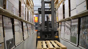Forklift loader. Pallet stacker truck equipment in tile store video
