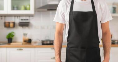Man wearing black apron mock up in the modern kitchen, chef uniform for cooking photo