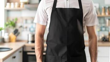 Man wearing black apron mock up in the modern kitchen, chef uniform for cooking photo