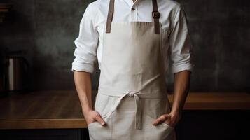 Man wearing beige linen apron mock up in the modern kitchen, chef uniform for cooking photo