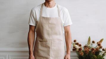 Man wearing beige linen apron mock up in the modern kitchen, chef uniform for cooking photo