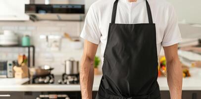 Man wearing black apron mock up in the modern kitchen, chef uniform for cooking photo