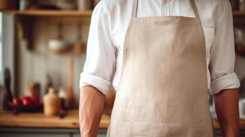 Man wearing beige linen apron mock up in the modern kitchen, chef uniform for cooking photo