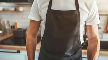 Man wearing black apron mock up in the modern kitchen, chef uniform for cooking photo