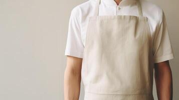 Man wearing beige linen apron mock up in the modern kitchen, chef uniform for cooking photo