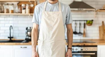 Man wearing beige linen apron mock up in the modern kitchen, chef uniform for cooking photo