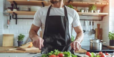 Man wearing black apron mock up in the modern kitchen, chef uniform for cooking photo
