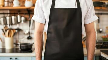 Man wearing black apron mock up in the modern kitchen, chef uniform for cooking photo