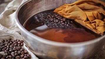 Visual guide to dyeing fabric with coffee, tutorial style, process composition, warm and natural color palette, DIY creativity and eco-friendly living mood photo